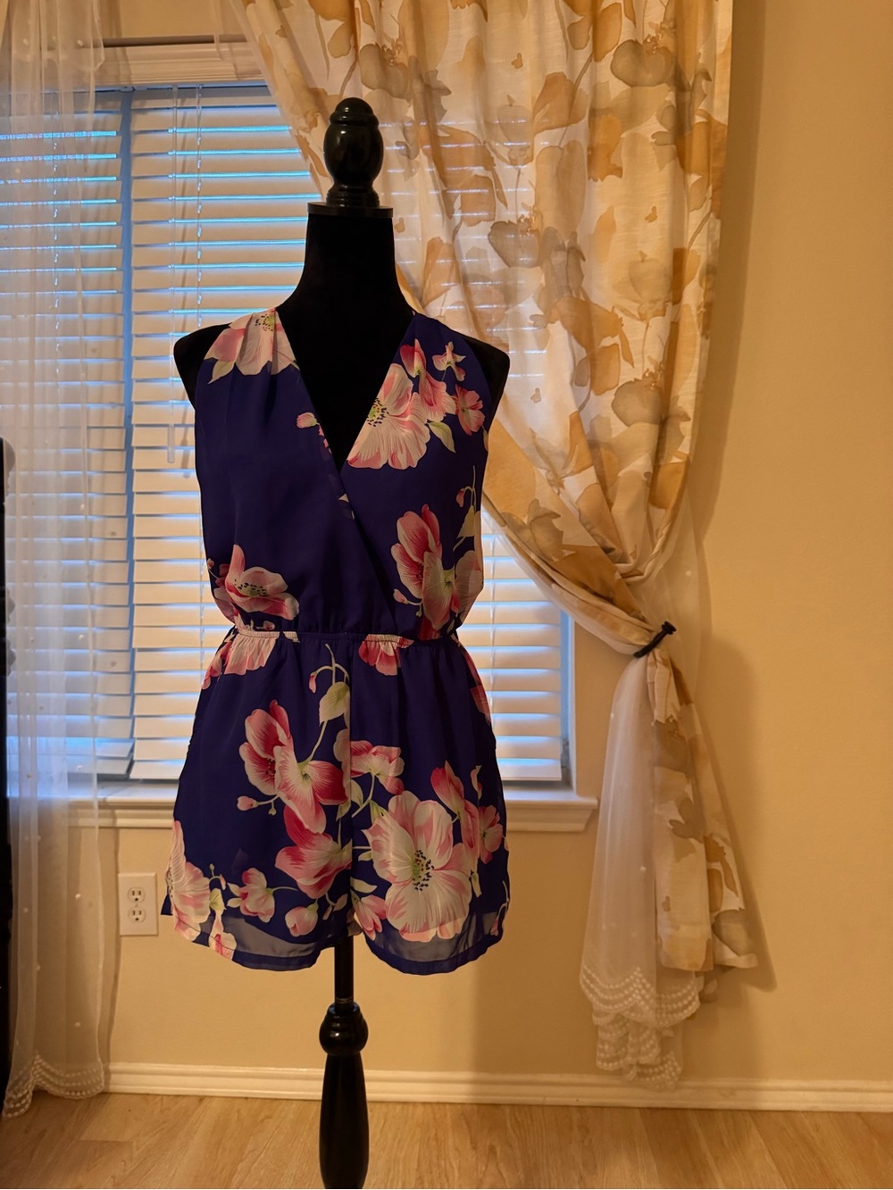 Windsor Floral V-Neck Romper in Purple with Pink Blossoms